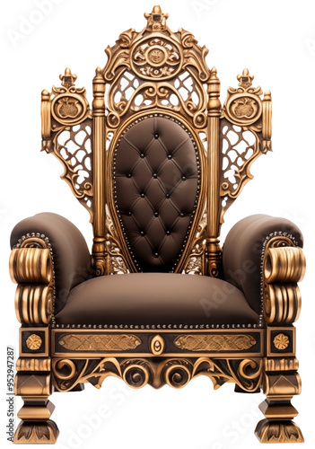 Front View To a Golden Gothic Throne Chair PNG isolated on white and transparent background - Gothic furniture Medieval chair with Rich detailing Royal elegance