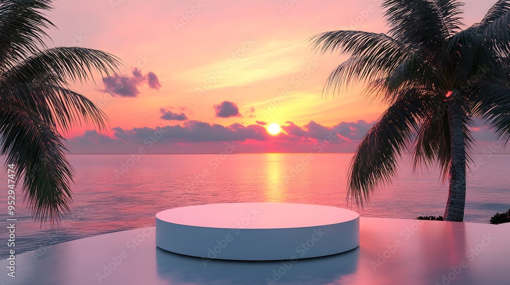 Obraz premium 3D rendering of a podium pedestal for product display set against a tropical sunset beach background