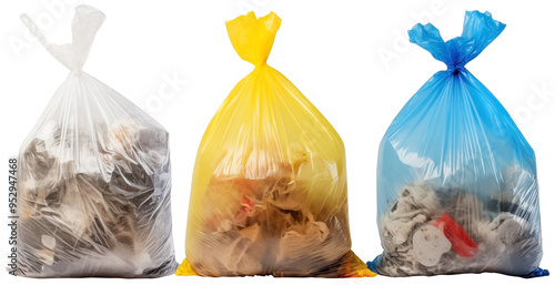 Front View To a Set of plastic bags Full Of trash PNG isolated on white and transparent background - Waste Garbage bag Trash disposal for Waste management