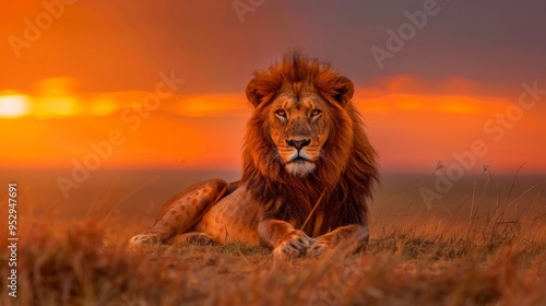 Majestic lion resting in the savannah with a sunset backdrop