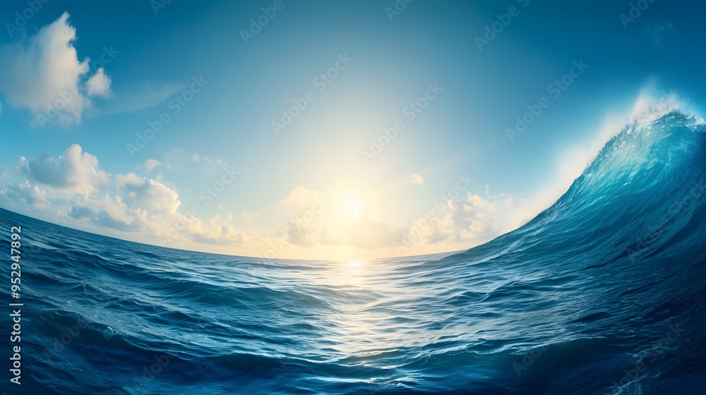 Fototapeta premium Ocean Wave Crashing Under Blue Sky.