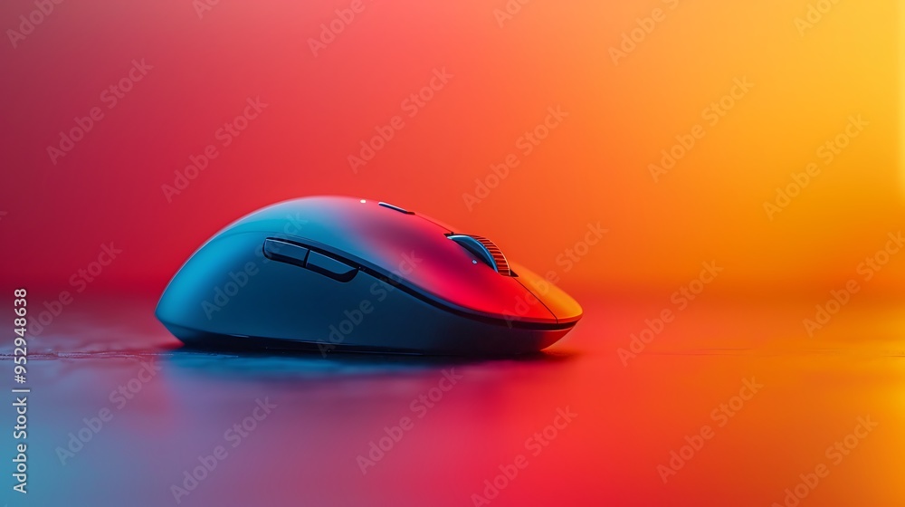 A wireless computer mouse on a table with a red and orange gradient background. A wireless computer mouse on a table with a red and orange gradient background.