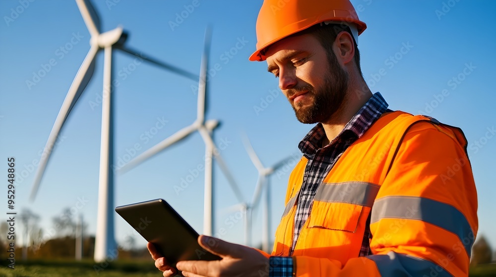 Cutting edge Wind Turbine Farm with Engineer Analyzing Data on Tablet in Picturesque Sunny Landscape Cutting edge Wind Turbine Farm with Engineer Analyzing Data on Tablet in Picturesque Sunny Landscape