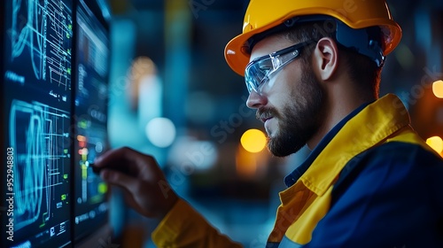 Wind Turbine Engineer Fine Tuning Turbine Controls Close Up of Digital Interface Focused on Efficiency and Sustainable Energy Production photo