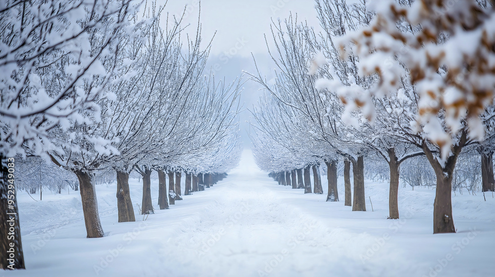 Fototapeta premium Apple orchard in winter, the bare trees and branches covered in snow, season nature of agriculture fruit garden, pruning and cultivation in the cold weather, outdoor plant