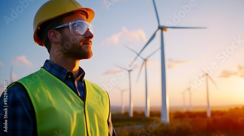 Diligent Wind Turbine Engineer Conducting Meticulous Safety Inspection in Scenic Countryside Landscape