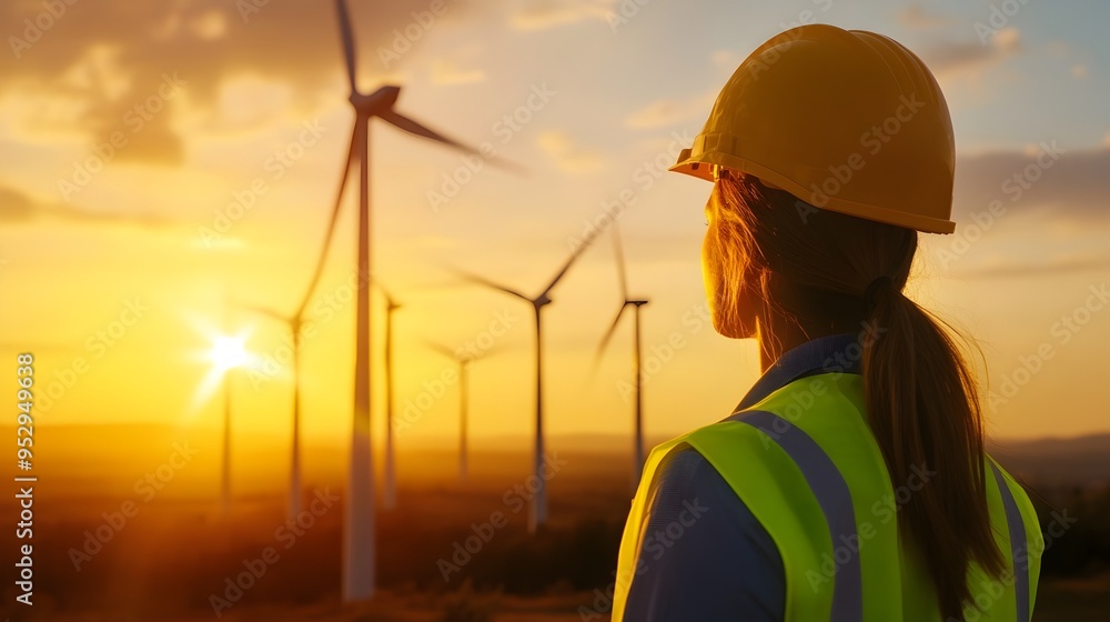 Dedicated Engineer Overseeing Sustainable Wind Farm Amid Towering Turbines and Scenic Landscape Dedicated Engineer Overseeing Sustainable Wind Farm Amid Towering Turbines and Scenic Landscape