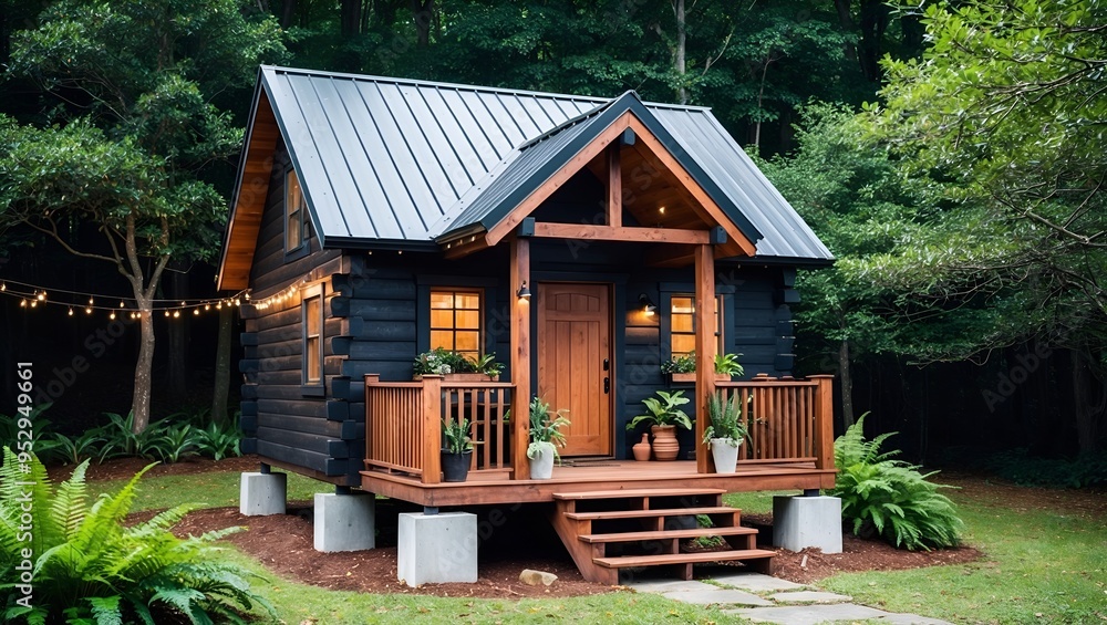 rustic cabin nestled in a lush forest setting. The cabin has a dark wooden exterior with a steep, metal gabled roof. rustic cabin nestled in a lush forest setting. The cabin has a dark wooden exterior with a steep, metal gabled roof.