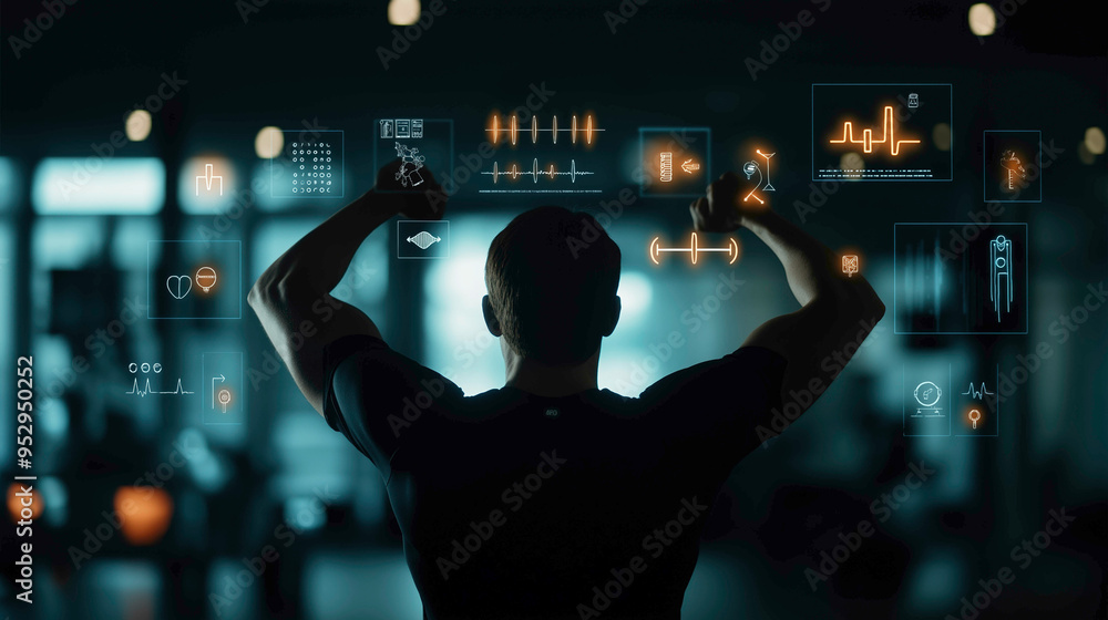 A futuristic gym scene where a man interacts with holographic fitness ...