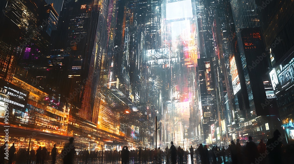 A Crowd Gazing Up at a Glowing Futuristic Cityscape
