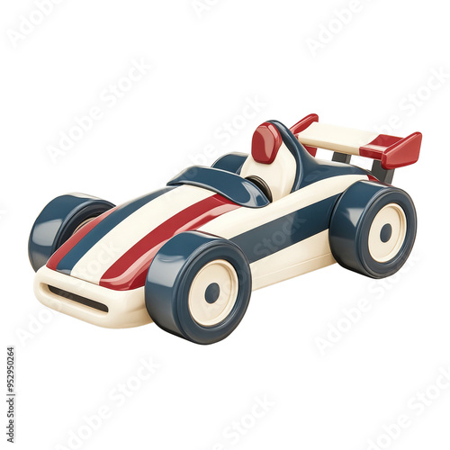 A colorful toy racing car with a vintage design, perfect for young race enthusiasts and playful decor. photo