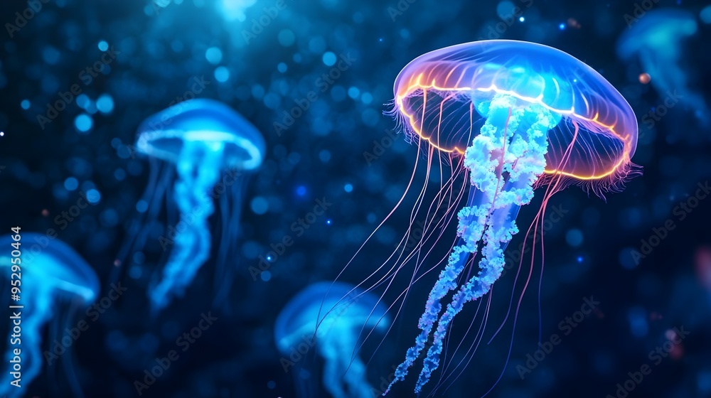 Ethereal Bioluminescent Jellyfish Drifting in the Deep Blue Ocean Ethereal Bioluminescent Jellyfish Drifting in the Deep Blue Ocean