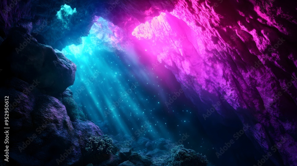 Obraz premium Enchanted Subterranean Crystal Grotto with Luminous Bioluminescent Flora and Chiaroscuro Lighting