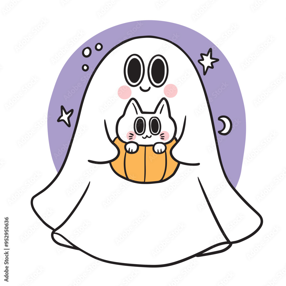 Cute Halloween ghost and cat vector. Cute Halloween ghost and cat vector.