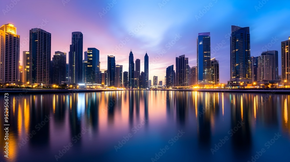 Fototapeta premium Majestic Twilight Cityscape Reflected in Serene River Below Glowing Skyscrapers