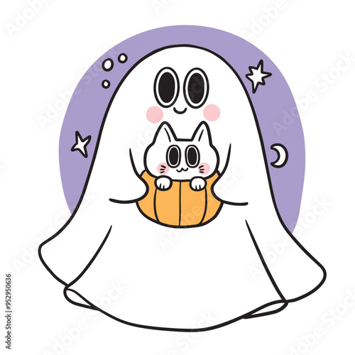 Cute Halloween ghost and cat vector.