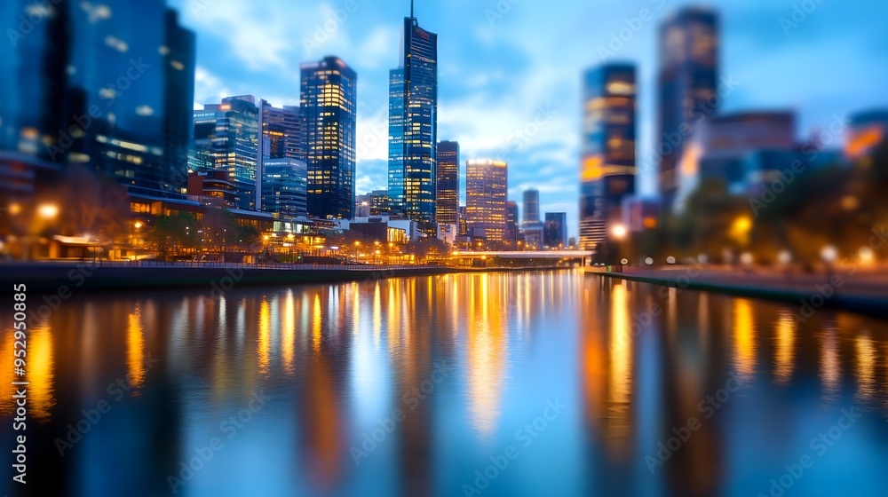 Obraz premium Glowing City Skyline at Dusk Reflecting on Tranquil River with Towering Skyscrapers