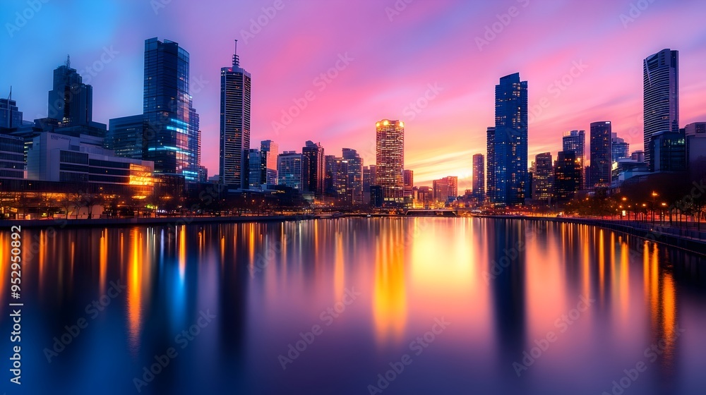 Fototapeta premium Glowing Metropolis Skyline Reflecting on Serene River at Dusk