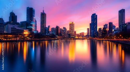 Glowing Metropolis Skyline Reflecting on Serene River at Dusk