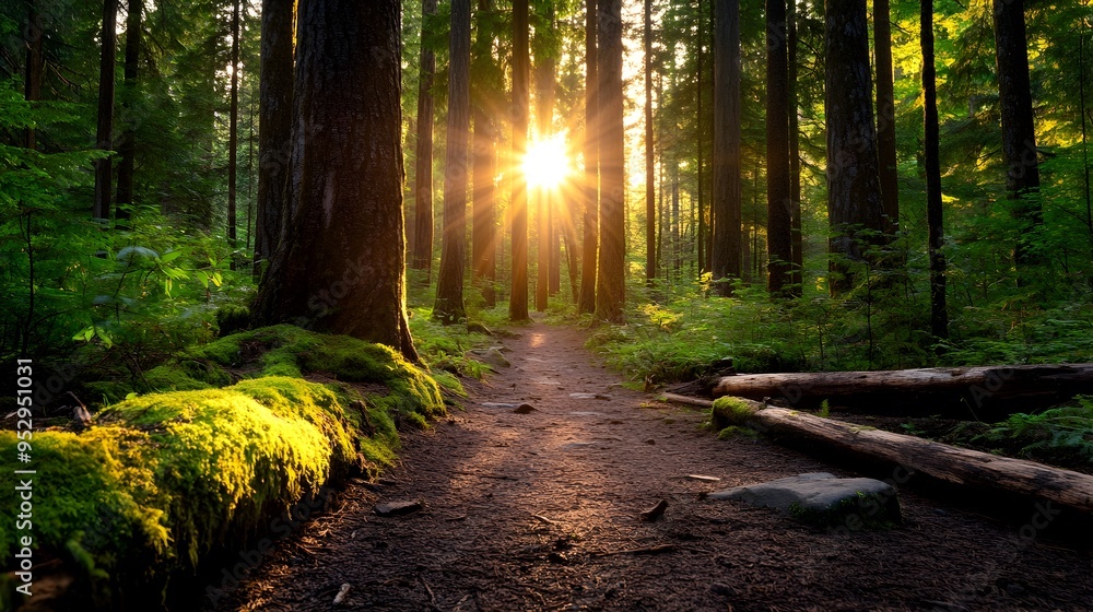 Fototapeta premium Radiant Golden Hour Sunbeams Illuminating Tranquil Forest Path with Lush Foliage
