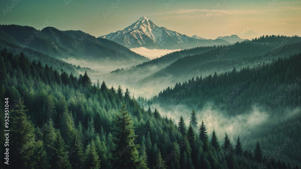 Obraz premium Green forest among mountainside in winter