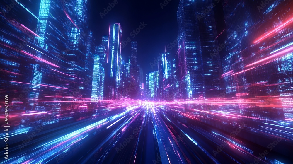 Speed light trails path through smart modern mega city and skyscrapers town with neon futuristic technology background, future virtual reality, motion effect, high speed light Speed light trails path through smart modern mega city and skyscrapers town with neon futuristic technology background, future virtual reality, motion effect, high speed light