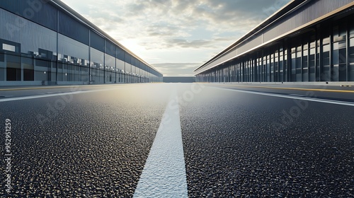 Empty Asphalt Road Between Two Modern Buildings