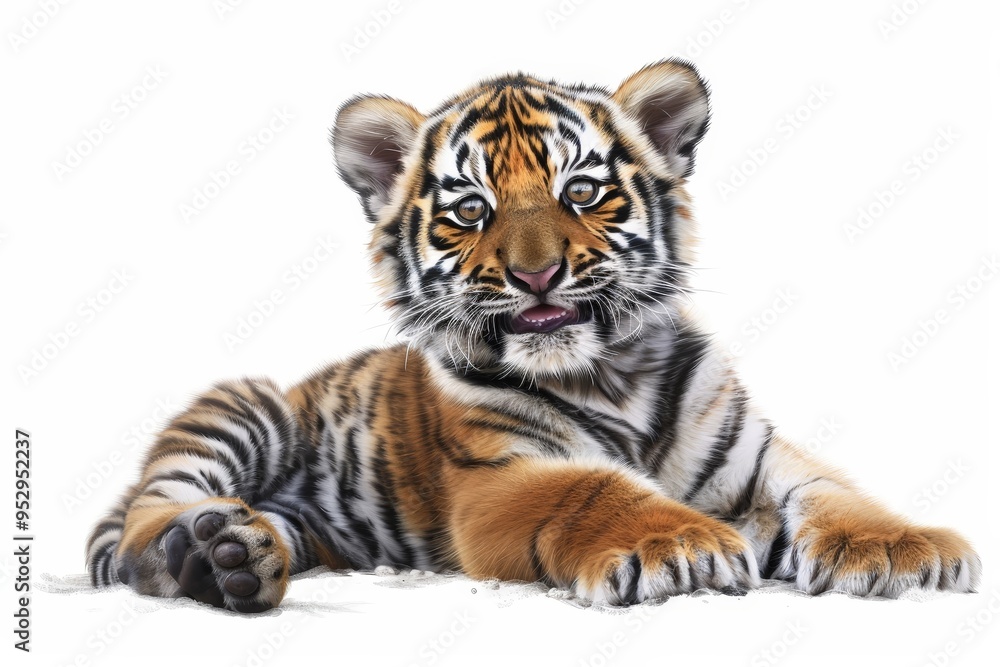 Obraz premium Featuring a cute baby Northeast Tiger in cartoon and Chinese ink painting style, this digital art depicts the tiger sitting on the ground, smiling at you.