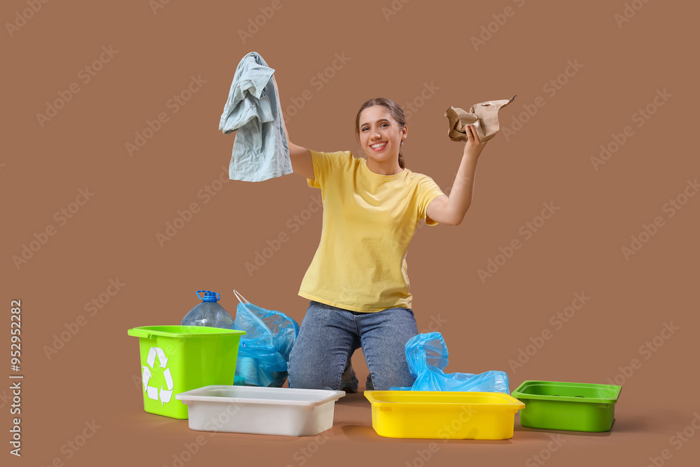 Young woman sorting trash on brown background