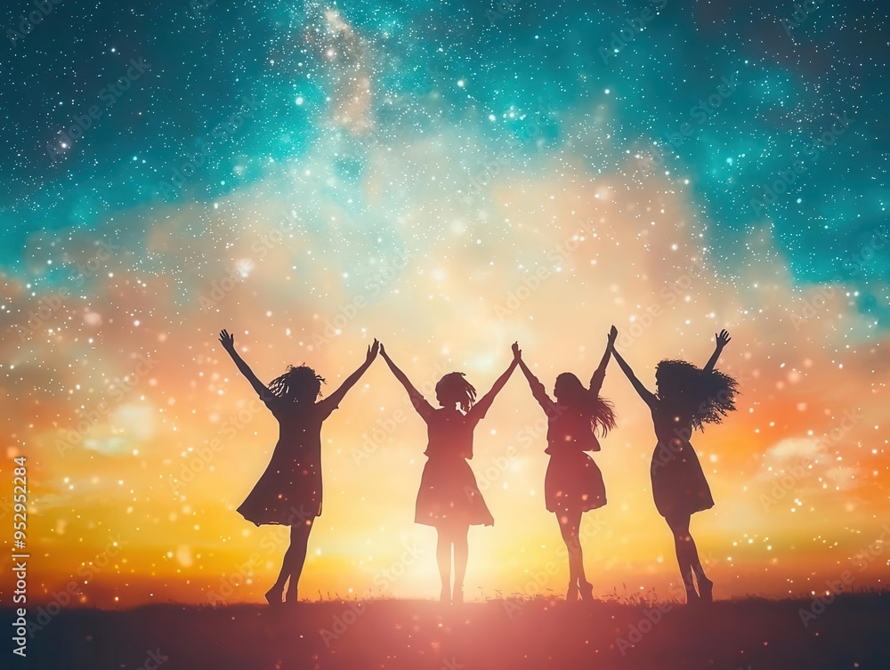 Group of black friends dancing under the stars, copy space nighttime celebration, dynamic, Double exposure, outdoor event Group of black friends dancing under the stars, copy space nighttime celebration, dynamic, Double exposure, outdoor event