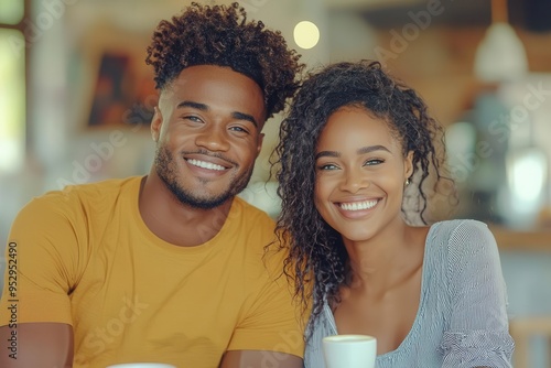 Young black couple with infectious smiles, sharing a moment of laughter, copy space romantic connection, dynamic, Fusion, urban cafe
