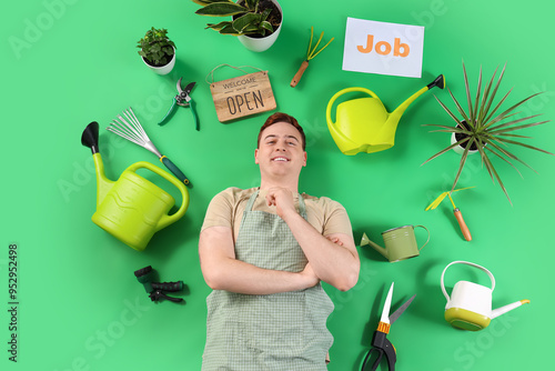 Male gardener with plants, ...