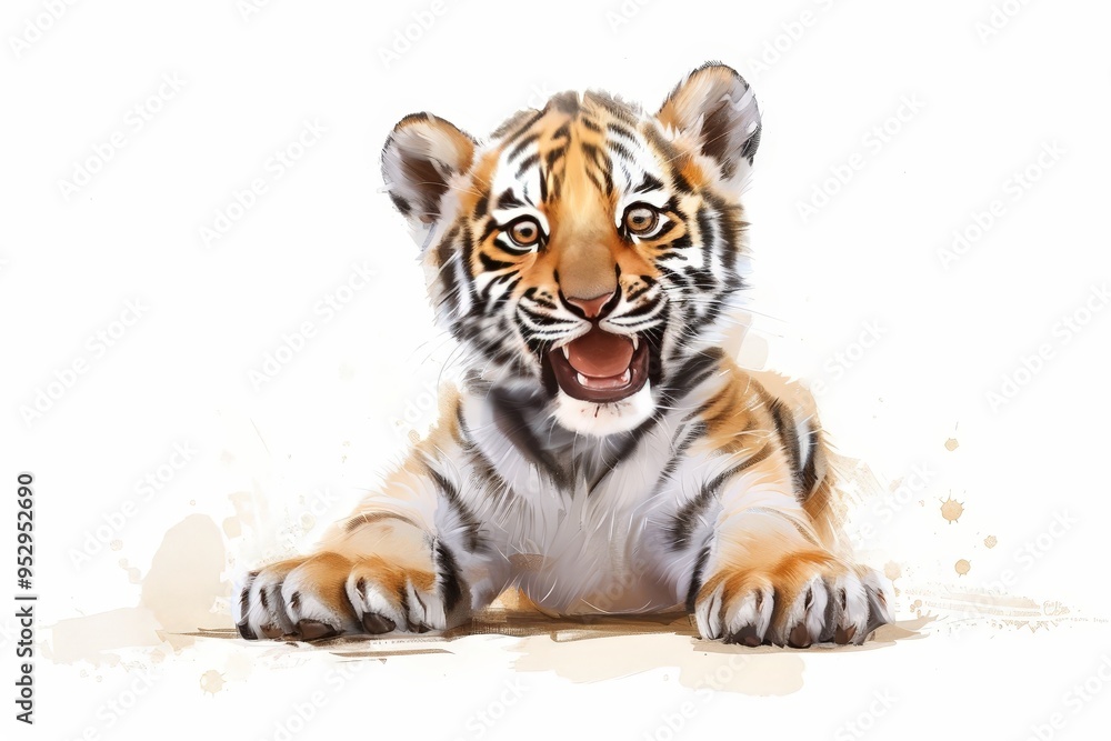 Obraz premium In a cute cartoon and Chinese ink painting style, a baby Northeast Tiger smiles at you from the ground, raised and joyful.