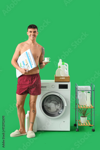 Young man in underpants wit...