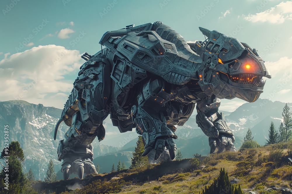 In a hyper-realistic world where future technology reigns supreme, a giant mecha dinosaur roams the landscape. In a hyper-realistic world where future technology reigns supreme, a giant mecha dinosaur roams the landscape.