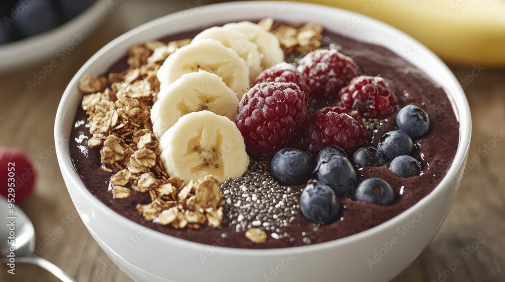 A breakfast scene with an acai bowl topped with banana, granola, chia seeds, and fresh berries, with a spoon on the side. A breakfast scene with an acai bowl topped with banana, granola, chia seeds, and fresh berries, with a spoon on the side.