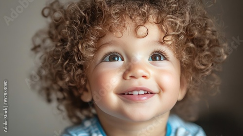 A close-up of a curly-haired toddler with thick, soft curls, looking up with a joyful expression.