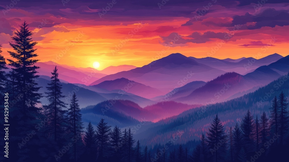 A mountain landscape with a pine forest in the foreground and a dramatic, colorful sunset sky in the background. A mountain landscape with a pine forest in the foreground and a dramatic, colorful sunset sky in the background.
