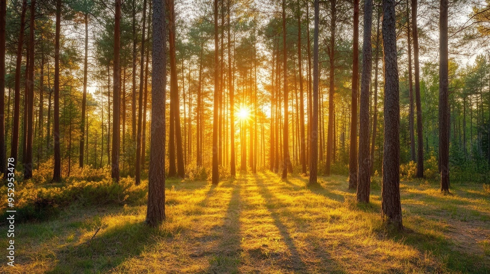 A panoramic view of a pine forest at sunrise, with golden light filtering through the trees and illuminating the forest floor. A panoramic view of a pine forest at sunrise, with golden light filtering through the trees and illuminating the forest floor.