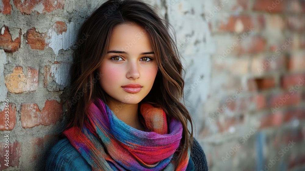A pretty girl with a vibrant scarf around her neck, posing against a rustic brick wall with a soft smile. A pretty girl with a vibrant scarf around her neck, posing against a rustic brick wall with a soft smile.