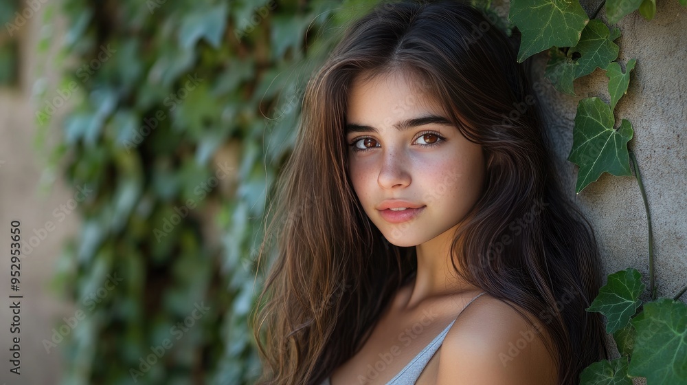 A pretty girl with big brown eyes and a natural smile, posing casually against a backdrop of ivy-covered walls. A pretty girl with big brown eyes and a natural smile, posing casually against a backdrop of ivy-covered walls.
