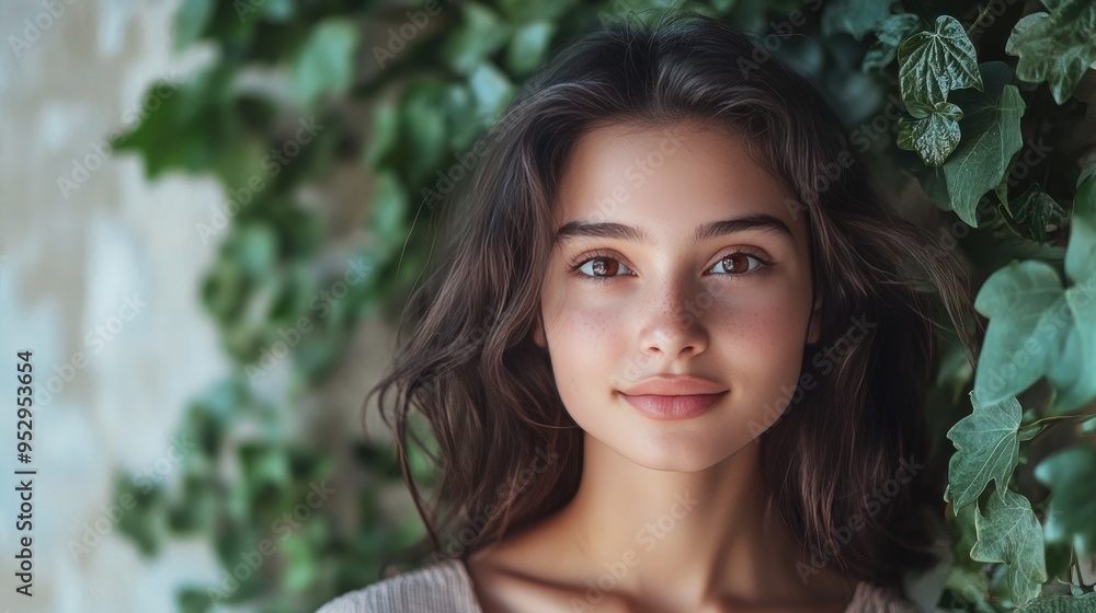 A pretty girl with big brown eyes and a natural smile, posing casually against a backdrop of ivy-covered walls. A pretty girl with big brown eyes and a natural smile, posing casually against a backdrop of ivy-covered walls.
