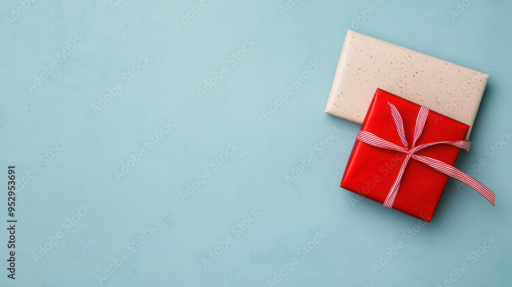 Top view of two neatly wrapped gift boxes with ribbons on a blue background, perfect for any celebration or holiday concept. Top view of two neatly wrapped gift boxes with ribbons on a blue background, perfect for any celebration or holiday concept.