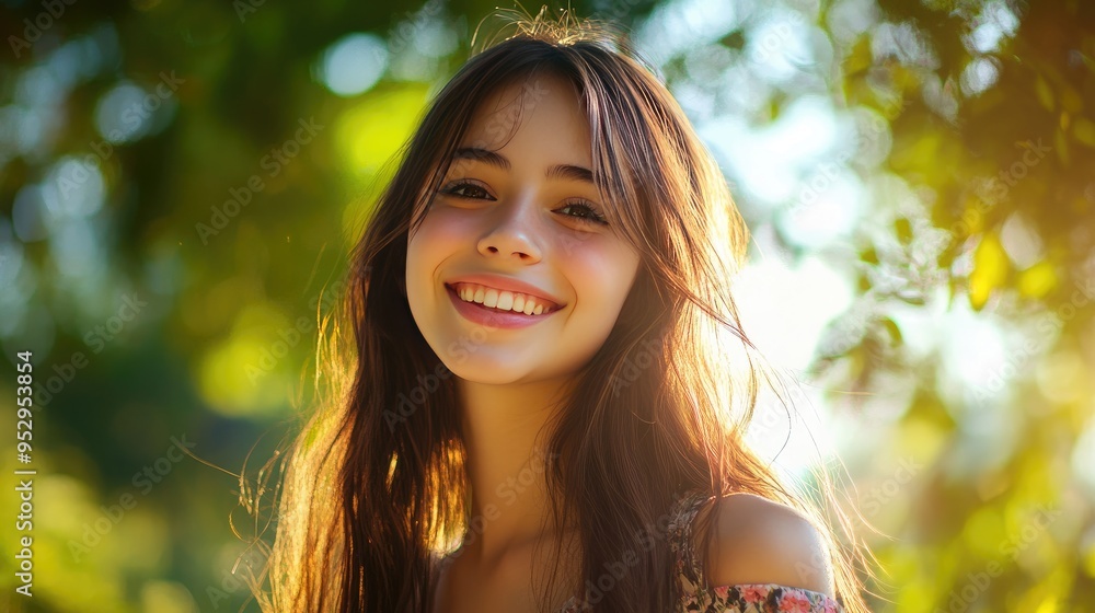 A pretty young girl with long brown hair smiling brightly in a sunny park, wearing a floral dress, surrounded by greenery. A pretty young girl with long brown hair smiling brightly in a sunny park, wearing a floral dress, surrounded by greenery.