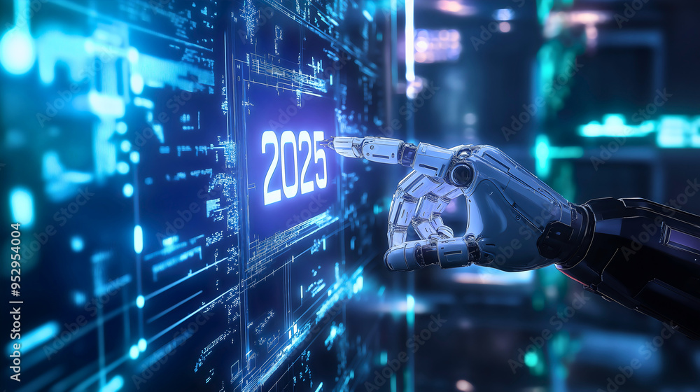 2025, a futuristic vision of innovation and AI artificial intelligence, highlighting the role of robots and technology, new year machine development for business goals 2025, a futuristic vision of innovation and AI artificial intelligence, highlighting the role of robots and technology, new year machine development for business goals