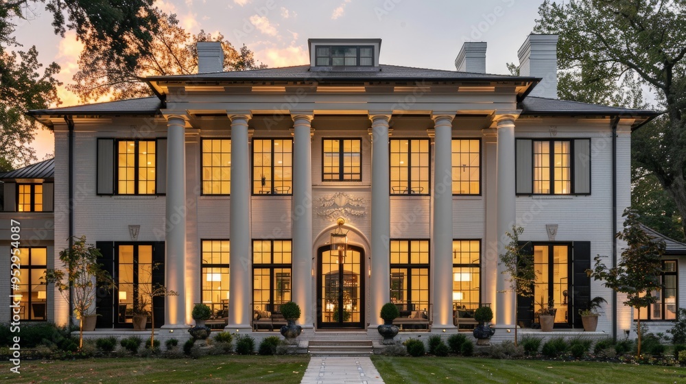 Historic colonial house with a grand entrance and large windows Historic colonial house with a grand entrance and large windows
