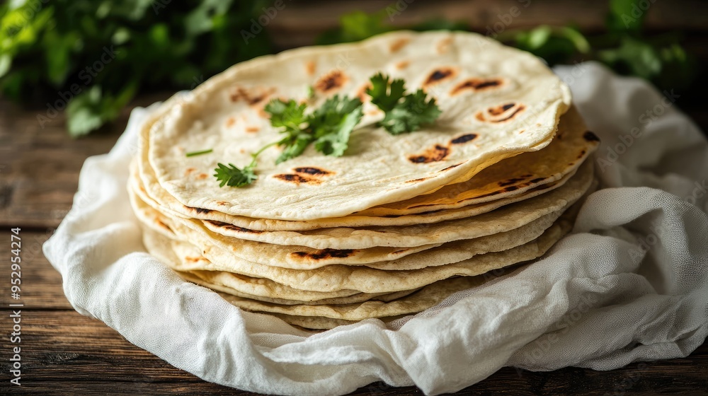 A stack of freshly made tortillas wrapped in a white cloth, placed on a rustic wooden table, with cilantro garnish. A stack of freshly made tortillas wrapped in a white cloth, placed on a rustic wooden table, with cilantro garnish.