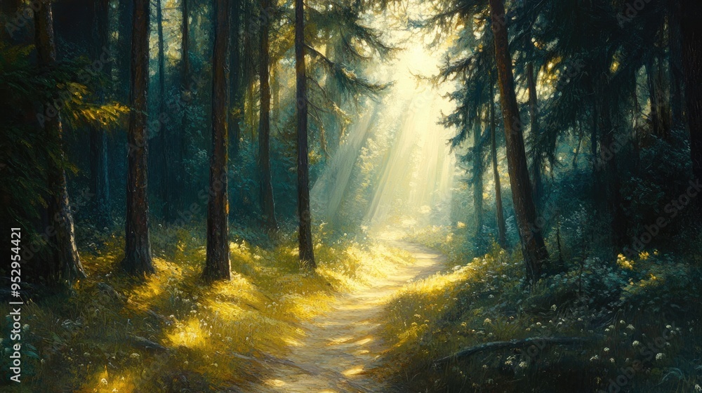 A winding path through a dense pine forest with sun rays streaming through the branches, creating a magical atmosphere A winding path through a dense pine forest with sun rays streaming through the branches, creating a magical atmosphere