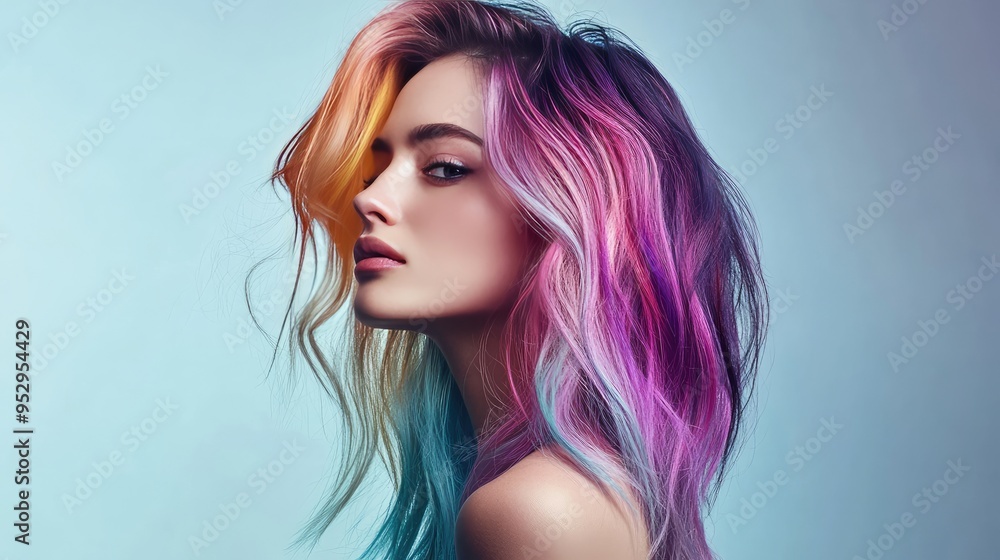A woman with colorful ombre hair blending from dark roots to pastel ends, captured under soft studio lighting. A woman with colorful ombre hair blending from dark roots to pastel ends, captured under soft studio lighting.