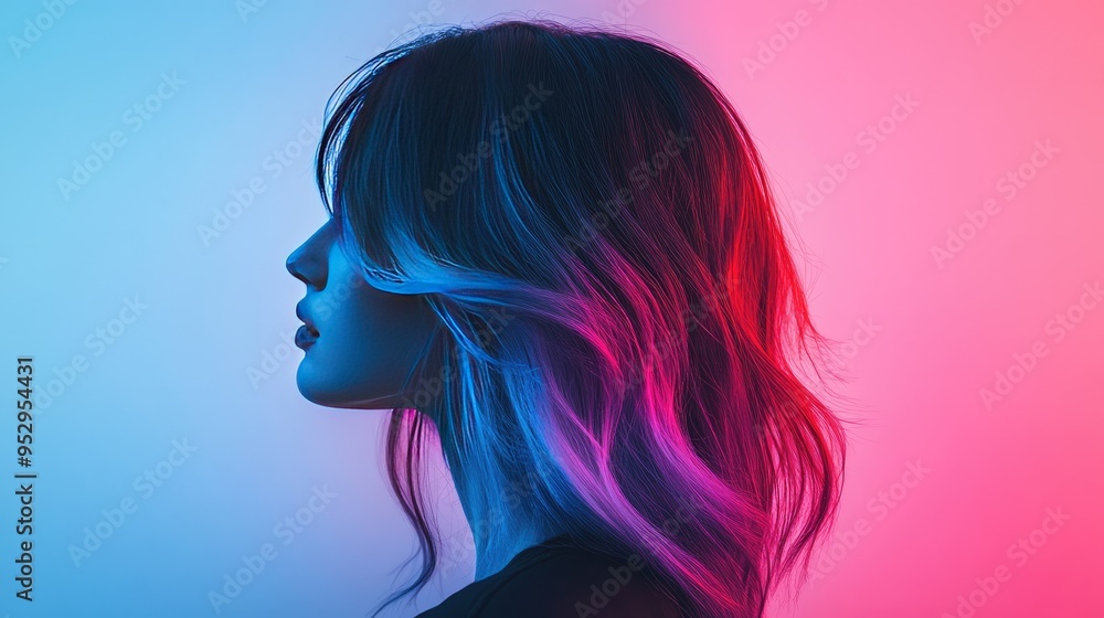 A woman with colorful ombre hair blending from dark roots to pastel ends, captured under soft studio lighting. A woman with colorful ombre hair blending from dark roots to pastel ends, captured under soft studio lighting.